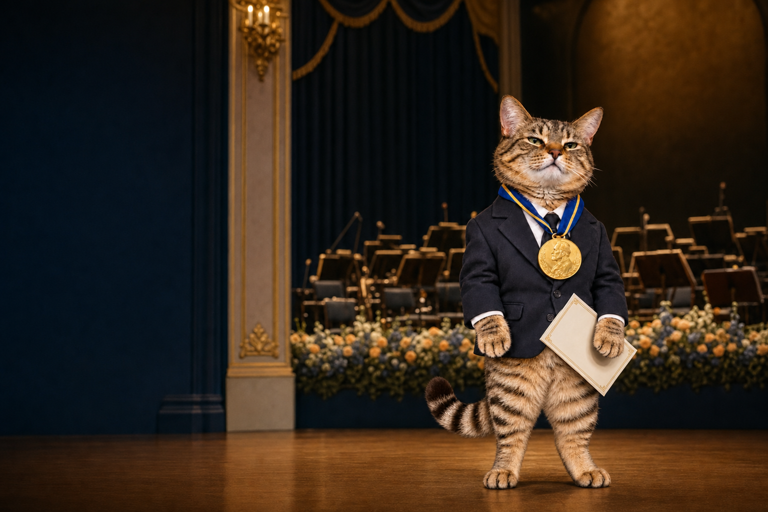 Nobel Cat on the concert hall stage holding a certificate, the orchestra chairs empty behind him