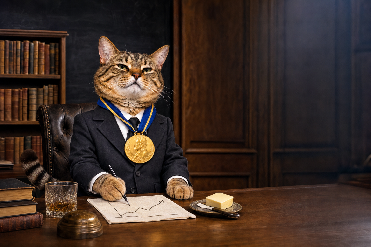 Nobel Cat sketching his arrow on a napkin