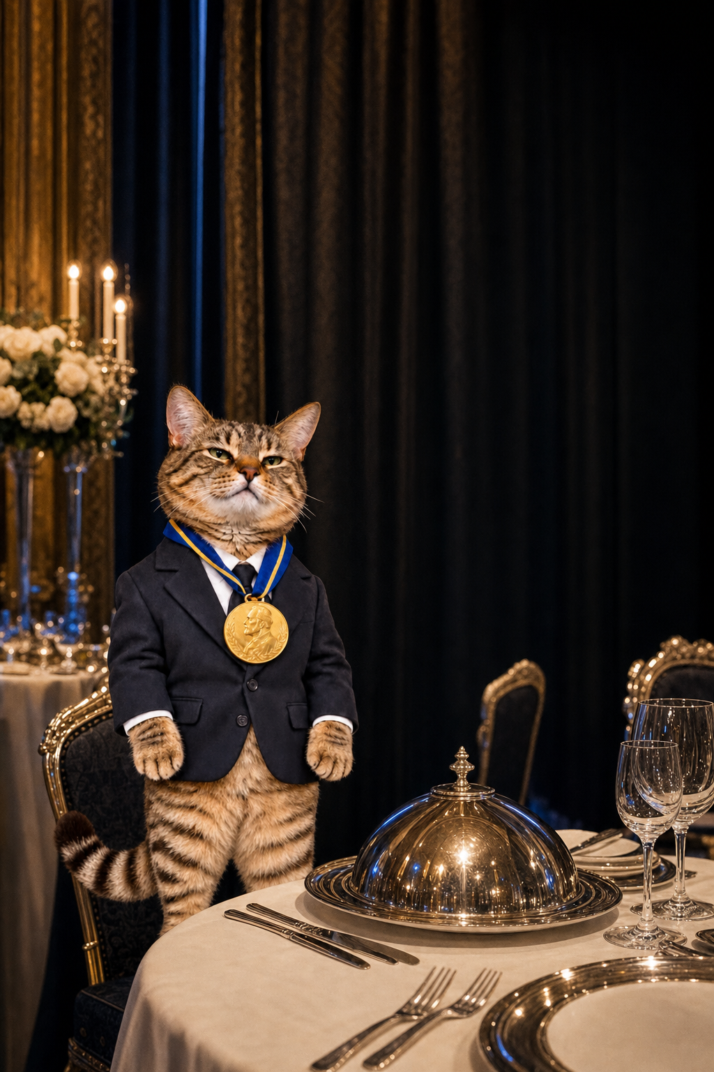 Nobel Cat waiting at the banquet table