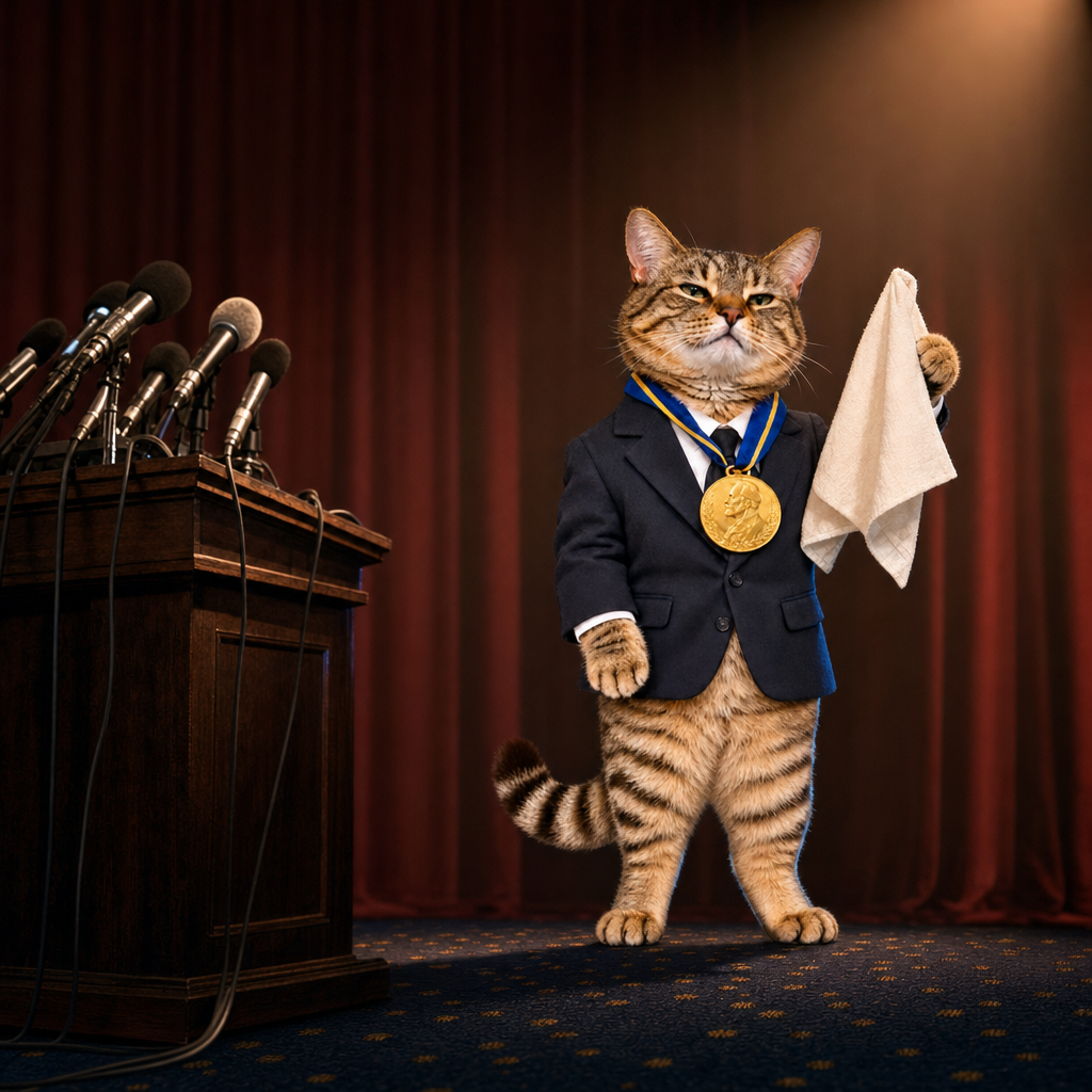 Nobel Cat beside a podium of microphones, holding a napkin
